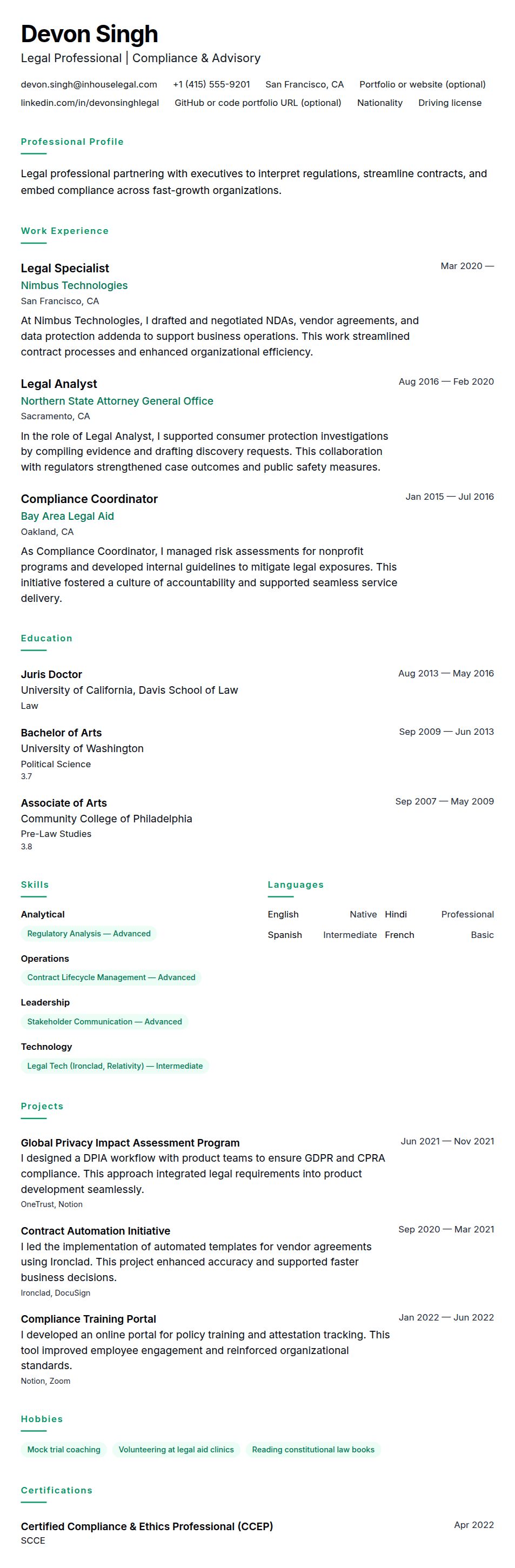 Resume preview for Legal Professional Resume Example