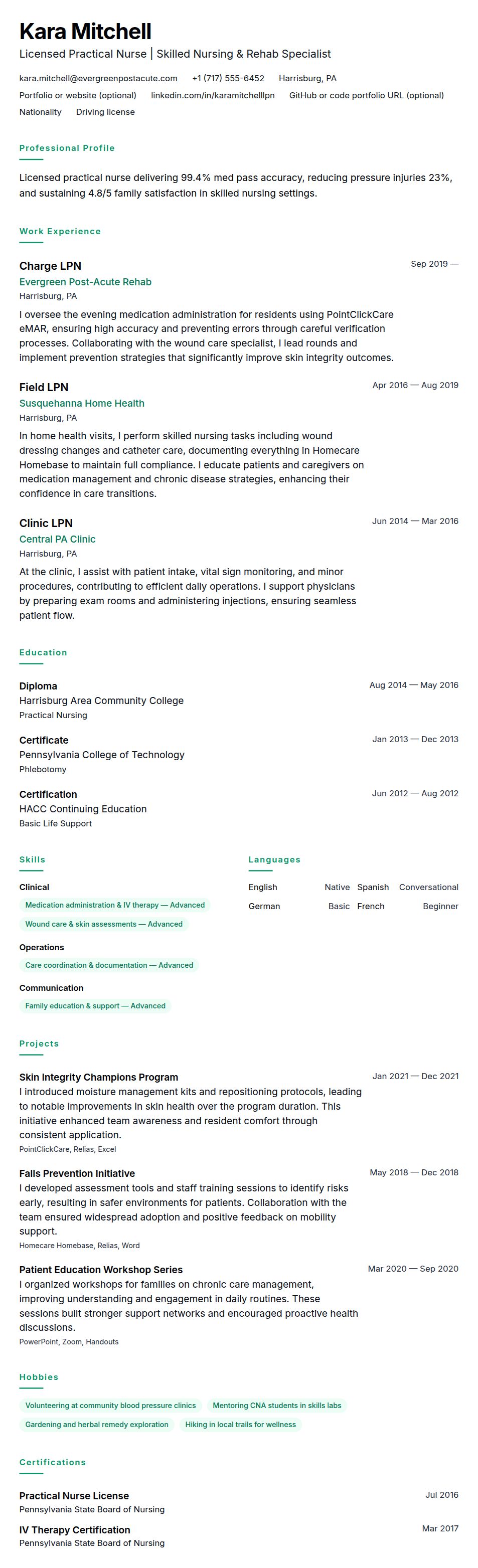 Resume preview for Licensed Practical Nurse (LPN) Resume Example