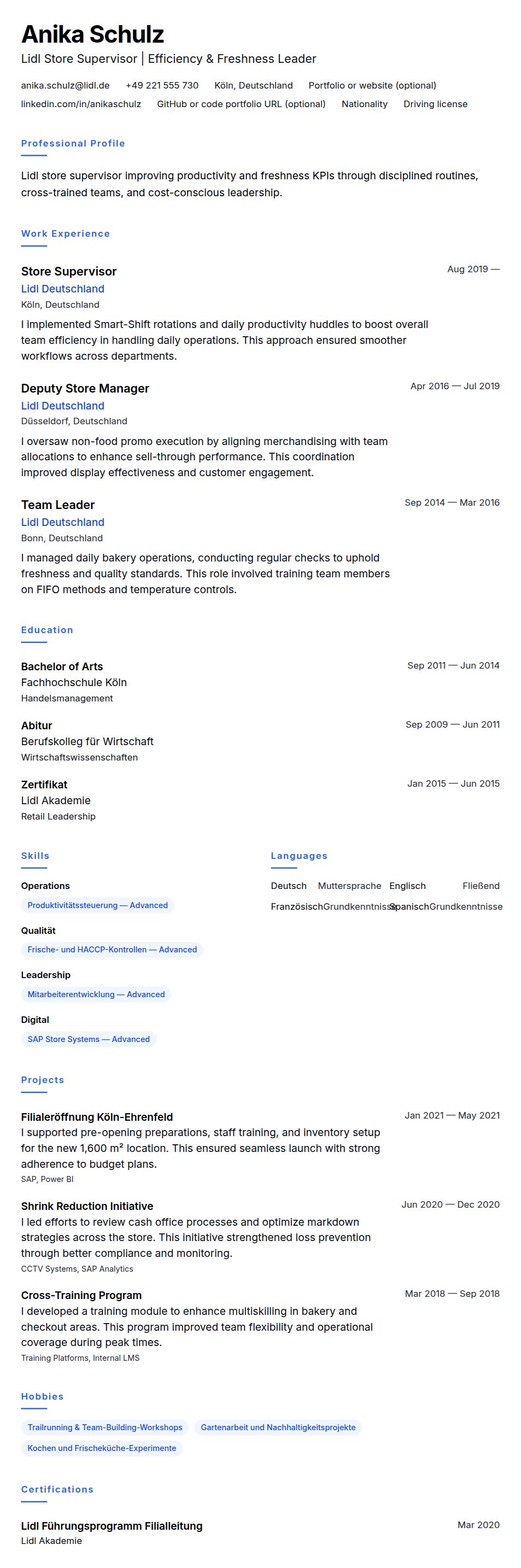 Resume preview for Lidl Store Supervisor Resume Example