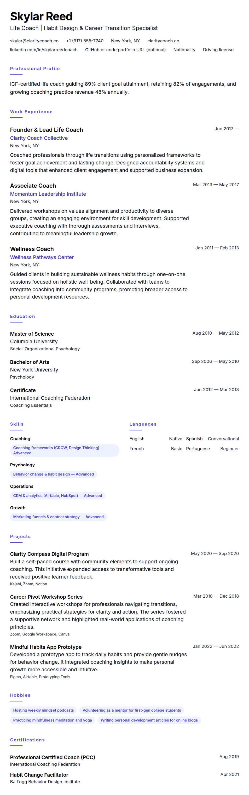Resume preview for Life Coach Resume Example