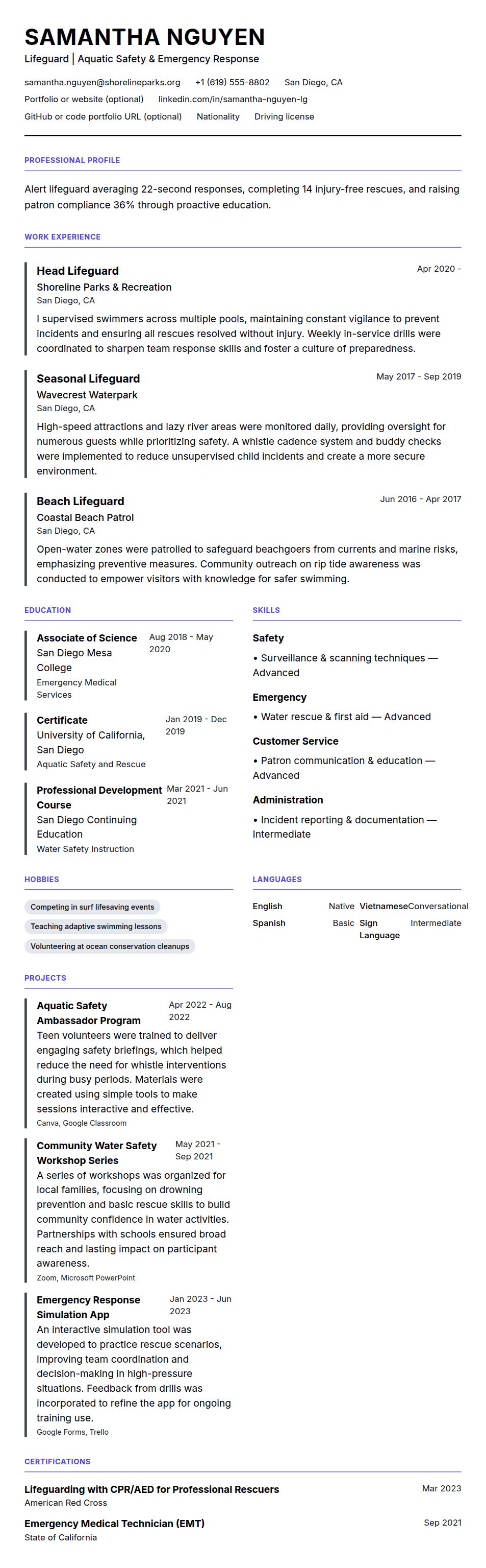 Resume preview for Lifeguard Resume Example