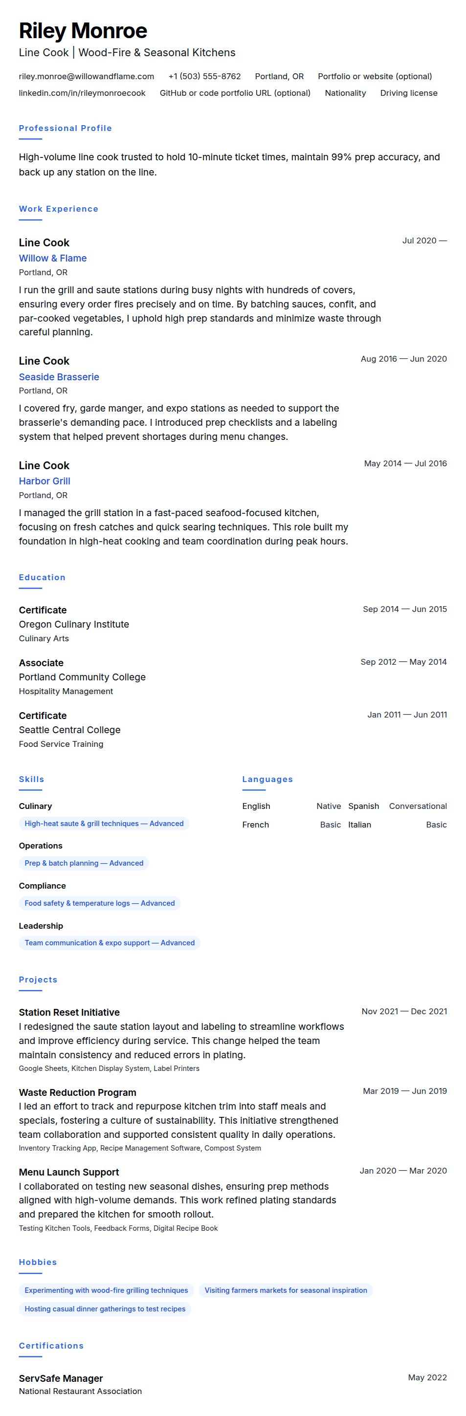 Resume preview for Line Cook Resume Example