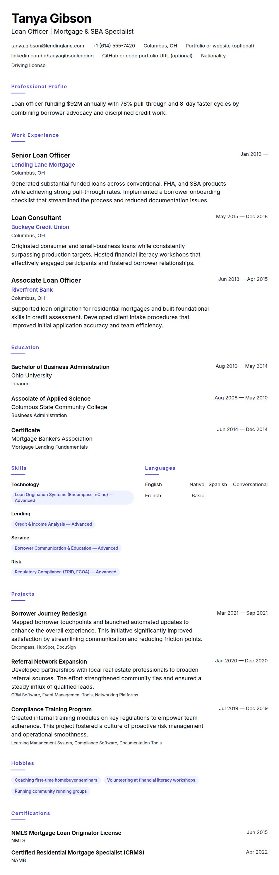 Resume preview for Loan Officer Resume Example