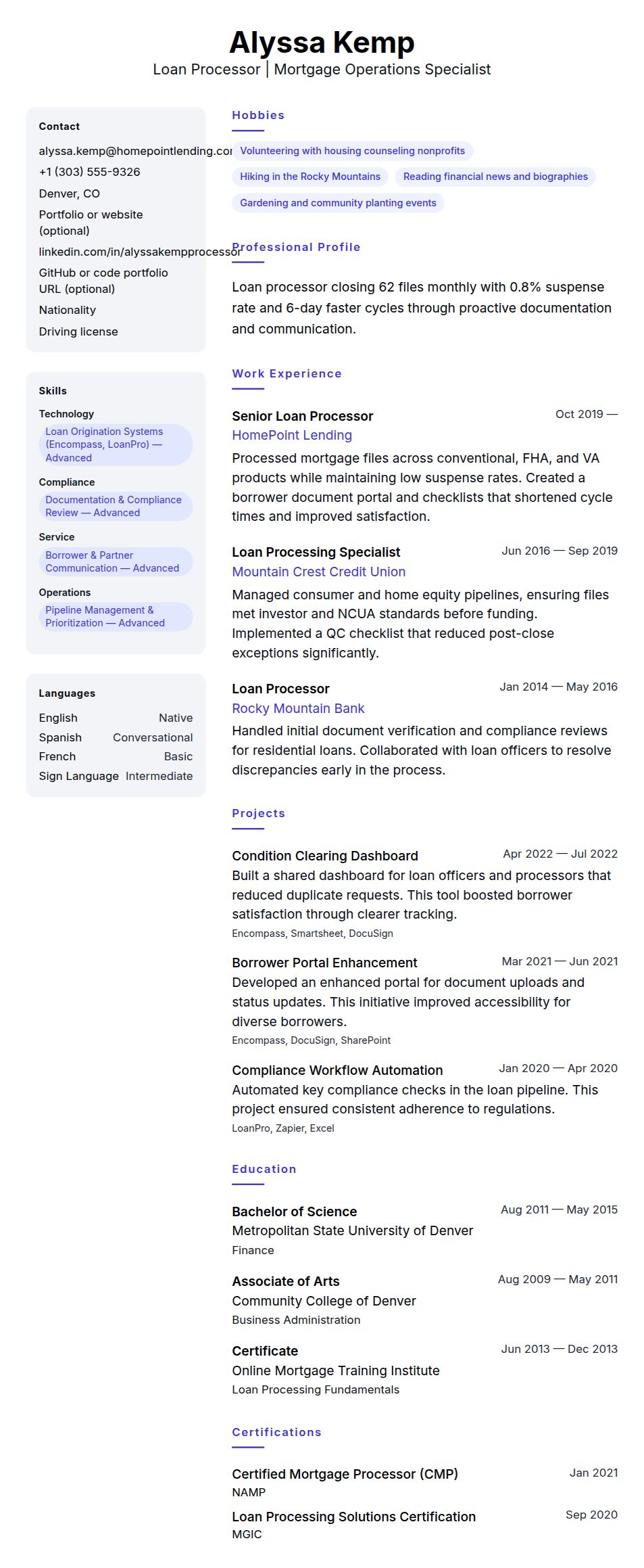 Resume preview for Loan Processor Resume Example