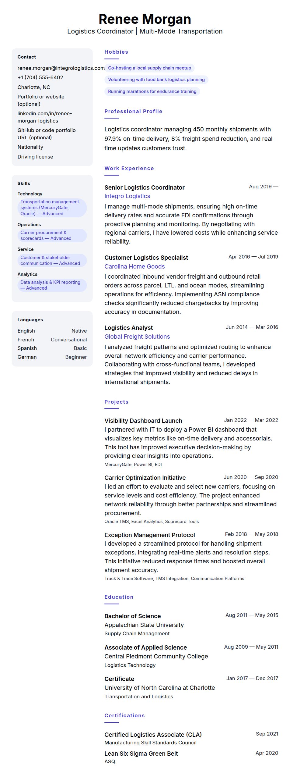 Resume preview for Logistics Coordinator Resume Example