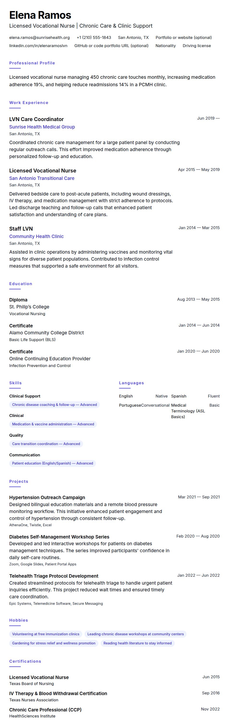 Resume preview for Licensed Vocational Nurse (LVN) Resume Example