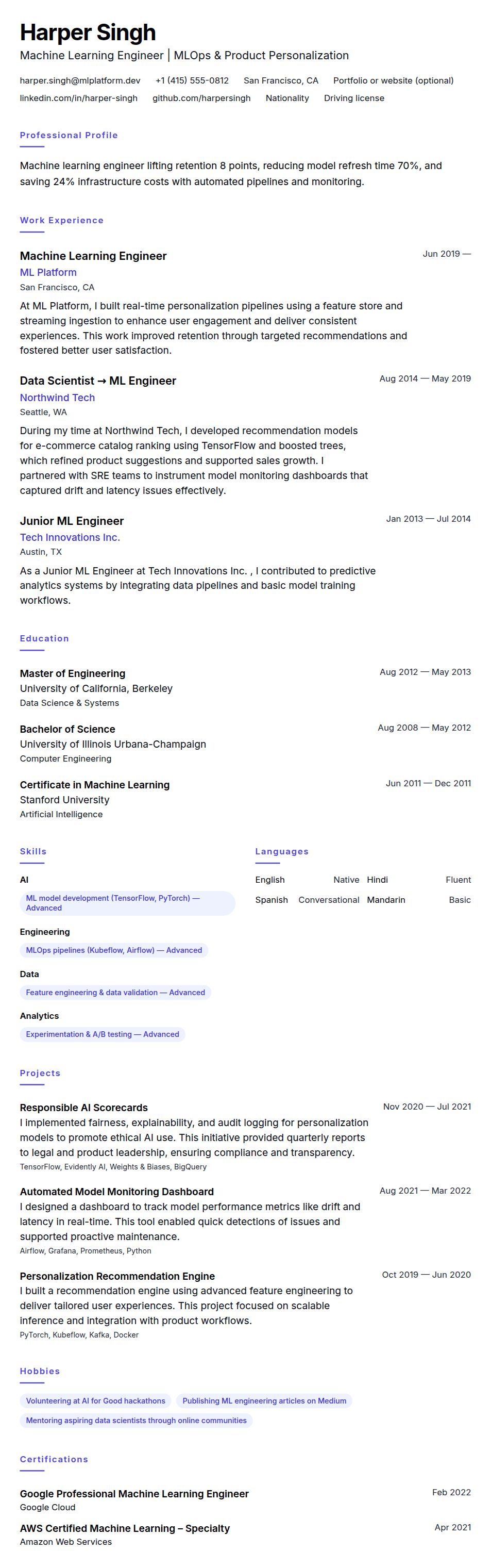 Resume preview for Machine Learning Engineer Resume Example