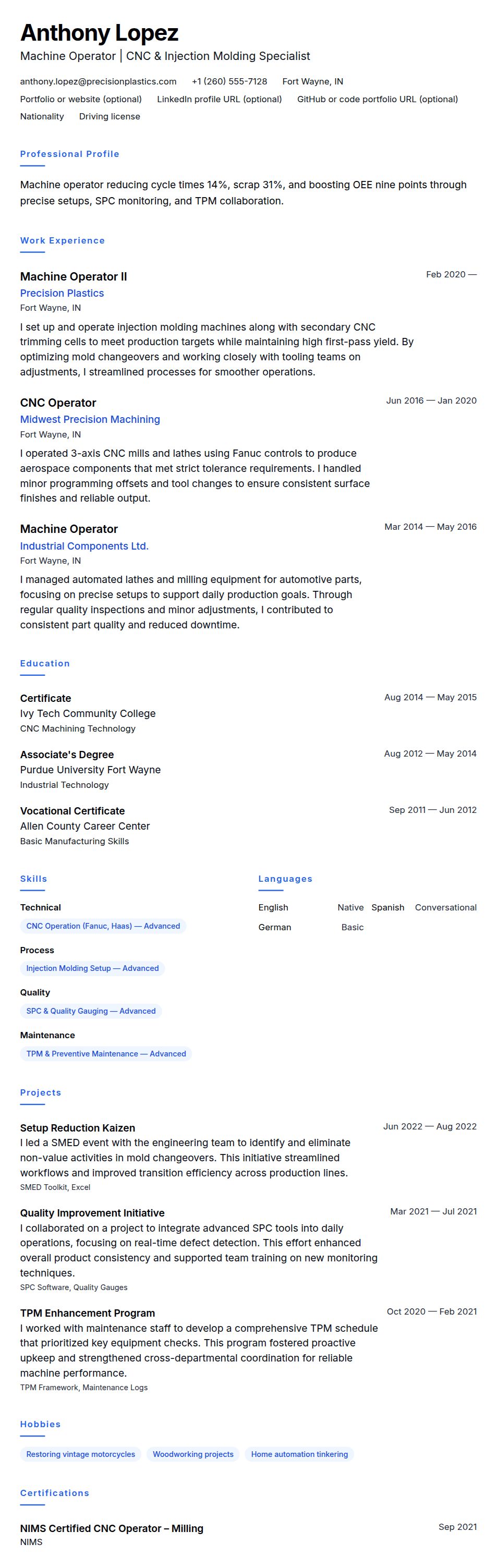 Resume preview for Machine Operator Resume Example