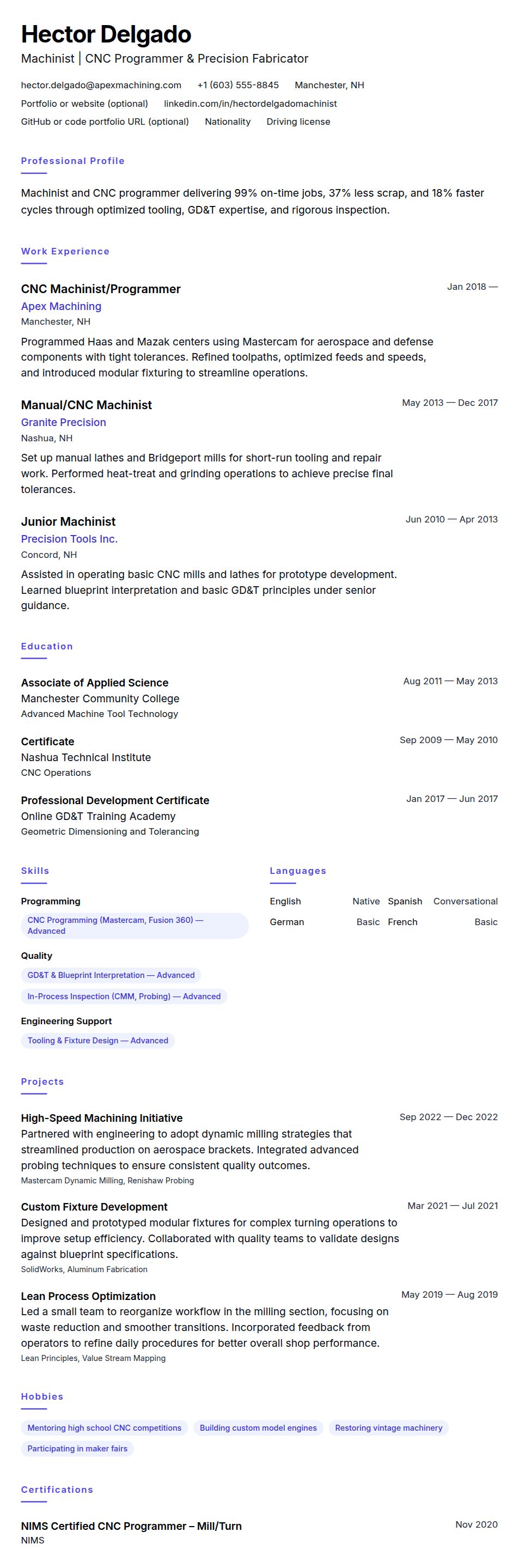 Resume preview for Machinist Resume Example