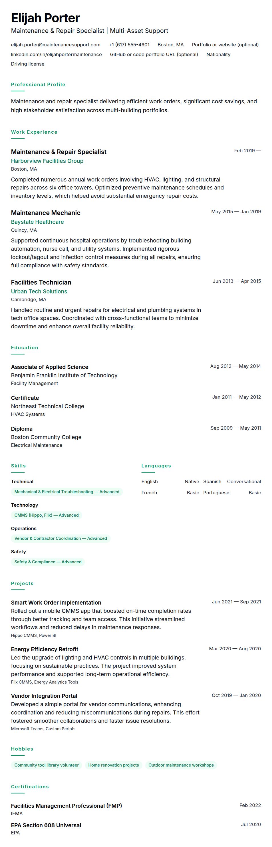 Resume preview for Maintenance & Repair Resume Example