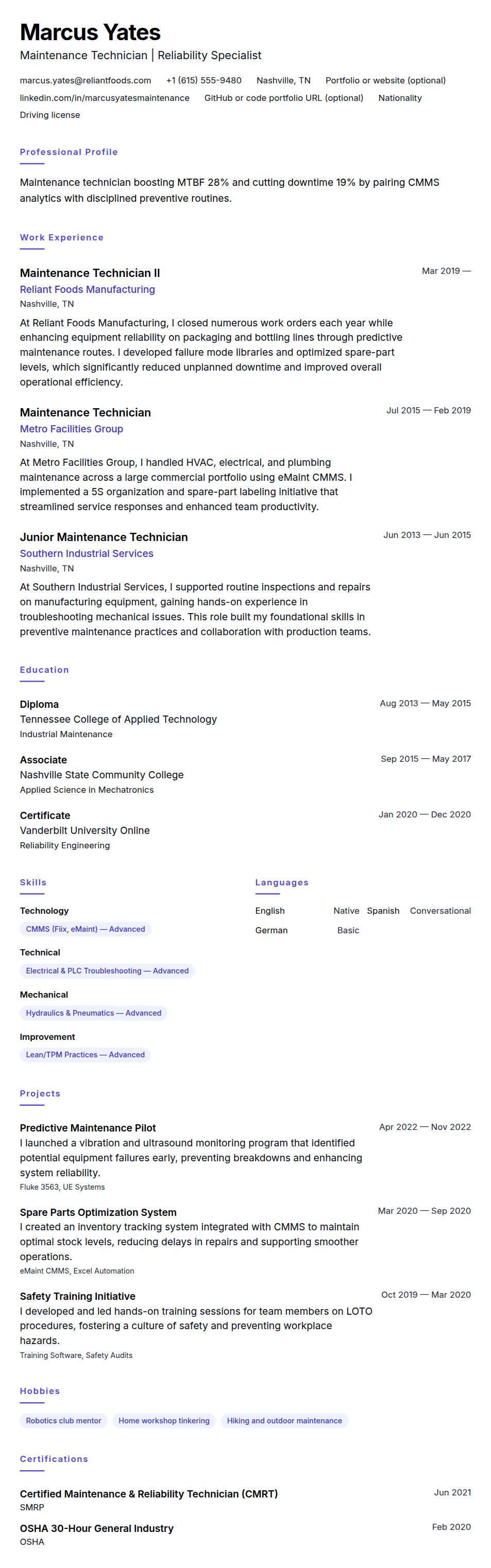 Resume preview for Maintenance Technician Resume Example