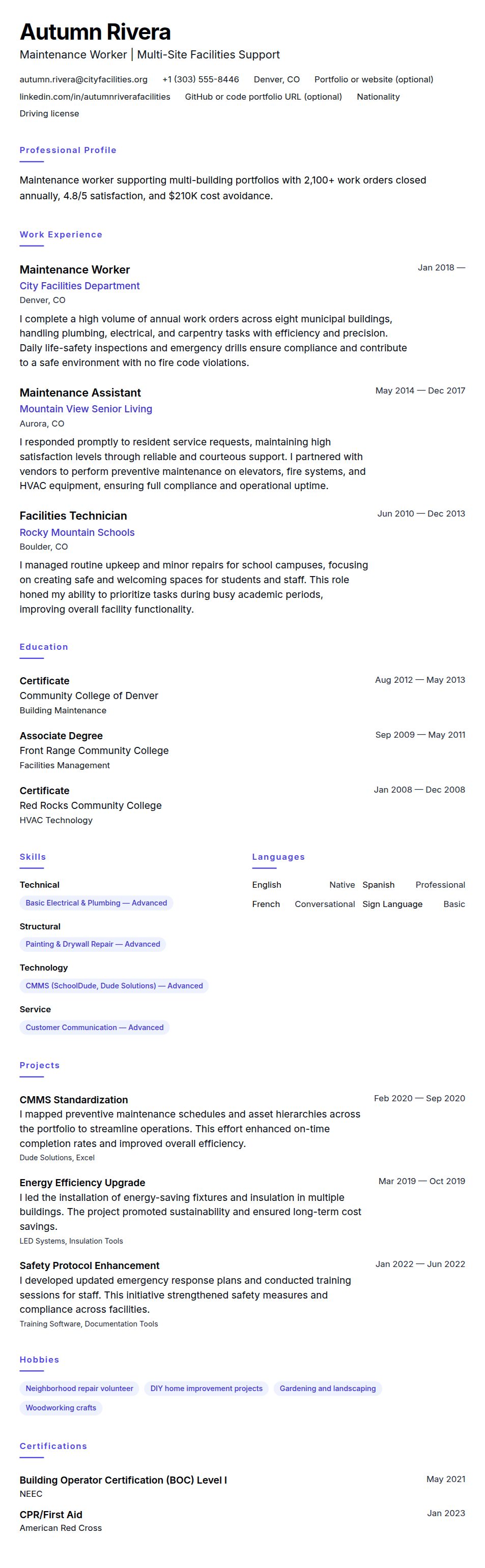 Resume preview for Maintenance Worker Resume Example