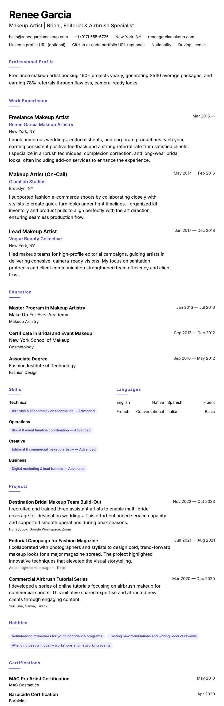 Resume preview for Makeup Artist Resume Example