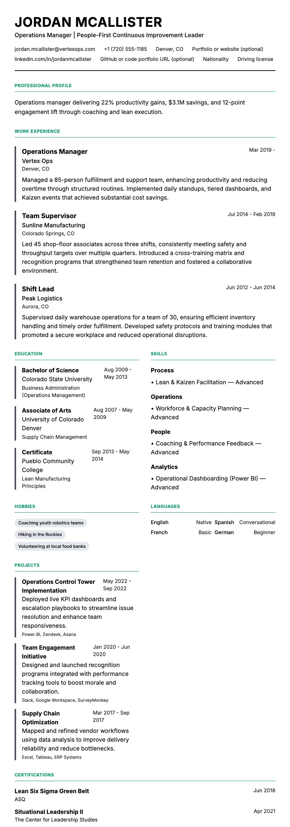 Resume preview for Operations Manager Resume Example