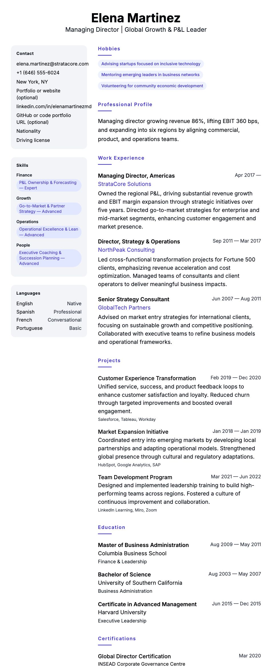 Resume preview for Managing Director Resume Example