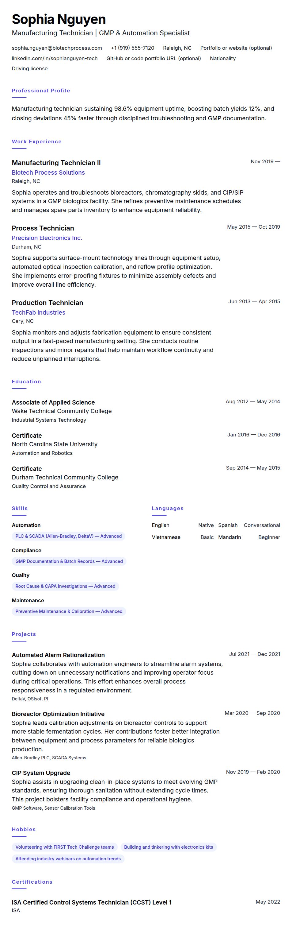 Resume preview for Manufacturing Technician Resume Example