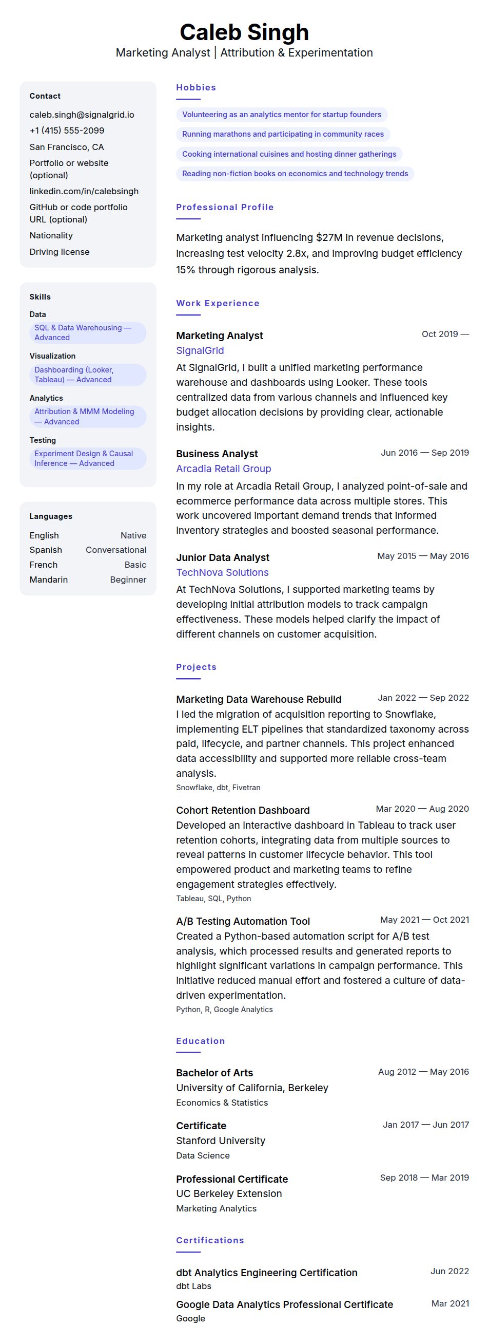 Resume preview for Marketing Analyst Resume Example