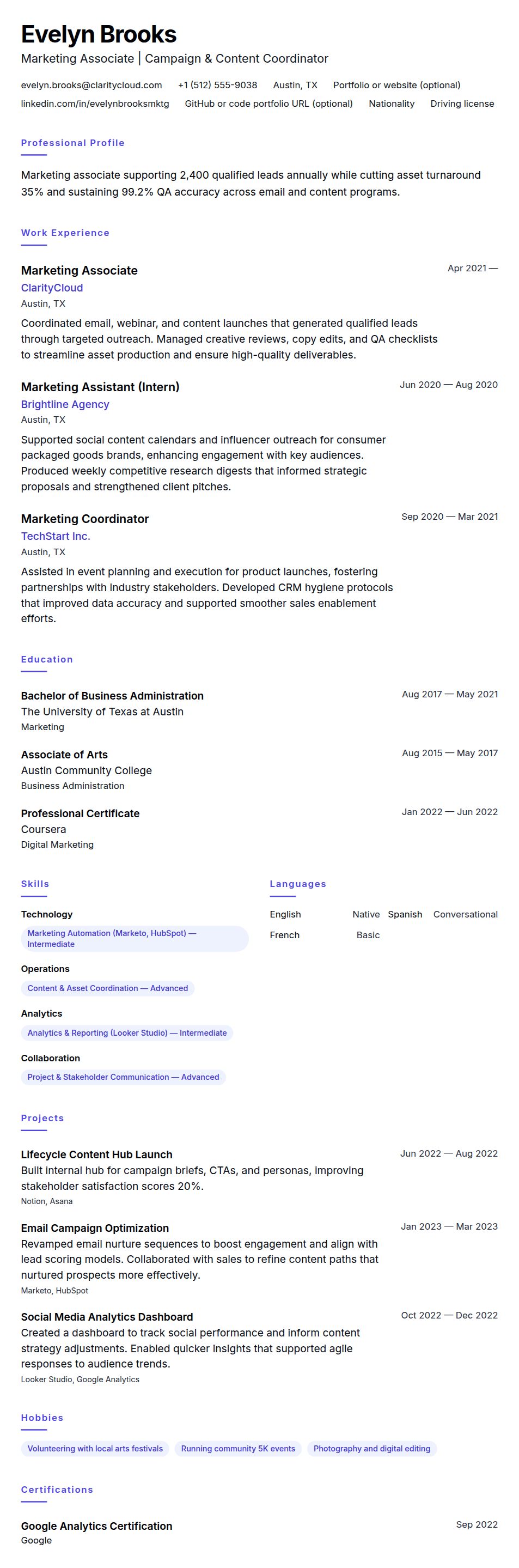 Resume preview for Marketing Associate Resume Example