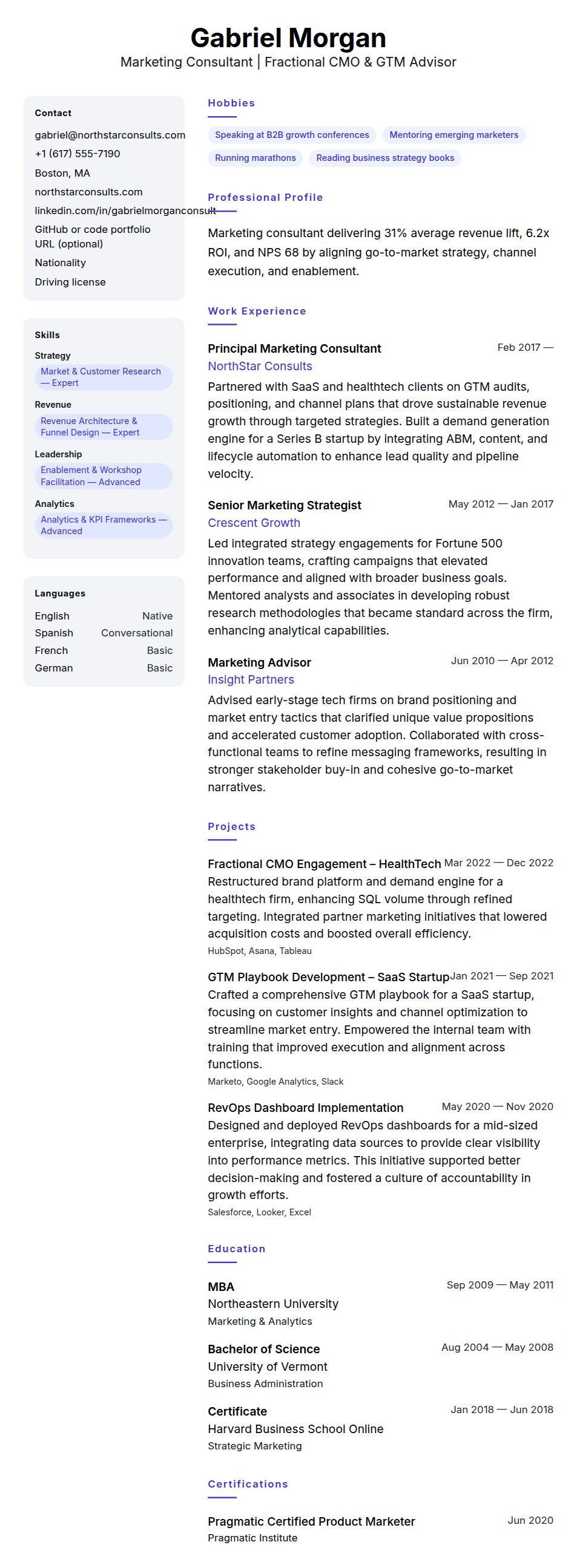 Resume preview for Marketing Consultant Resume Example