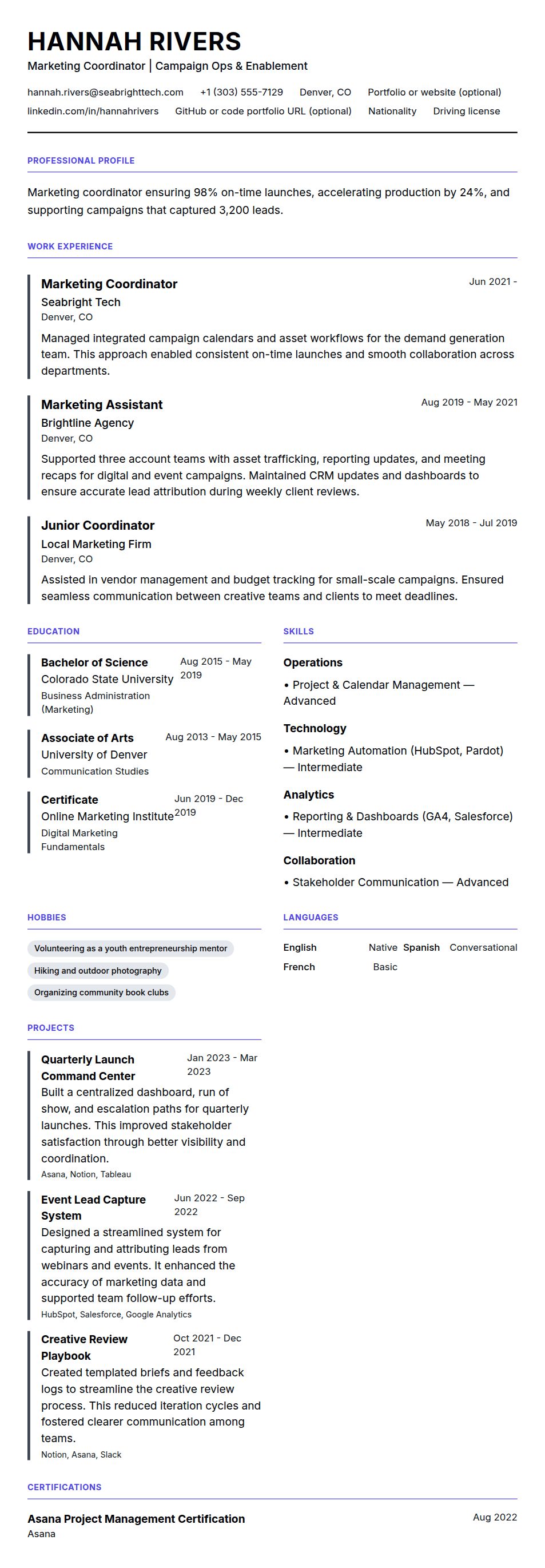 Resume preview for Marketing Coordinator Resume Example