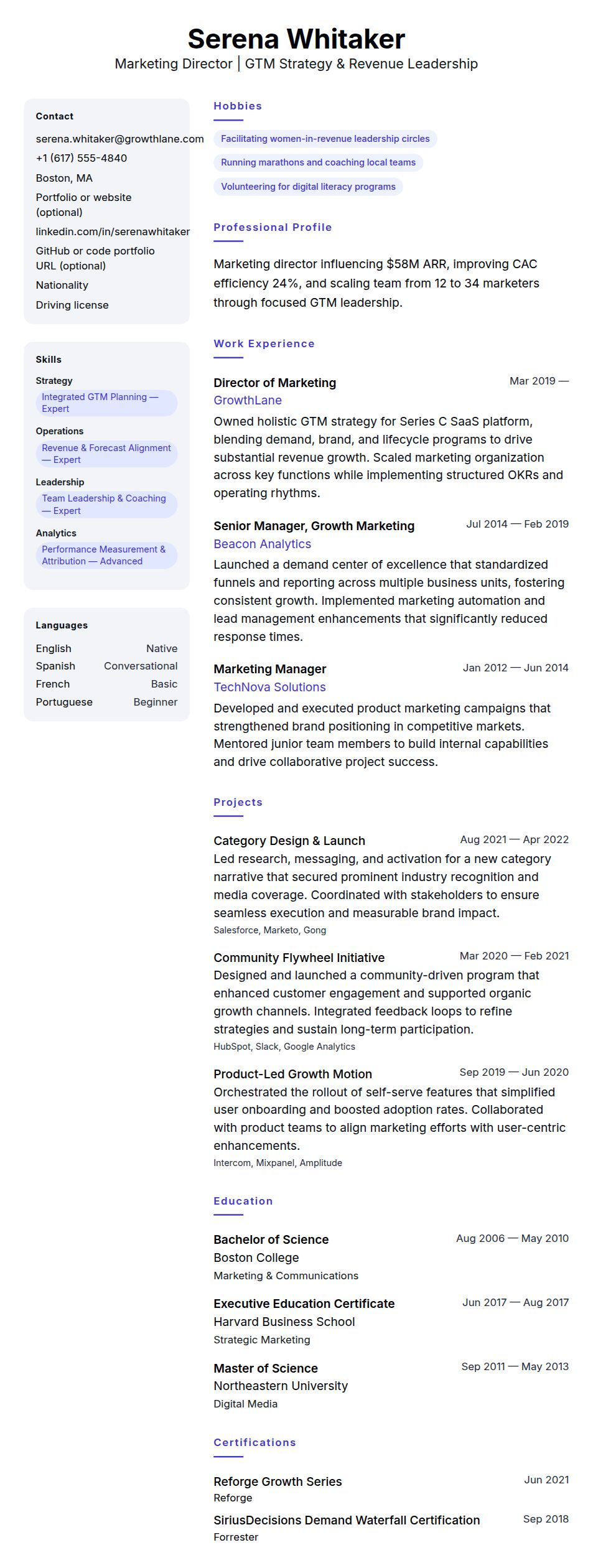 Resume preview for Marketing Director Resume Example