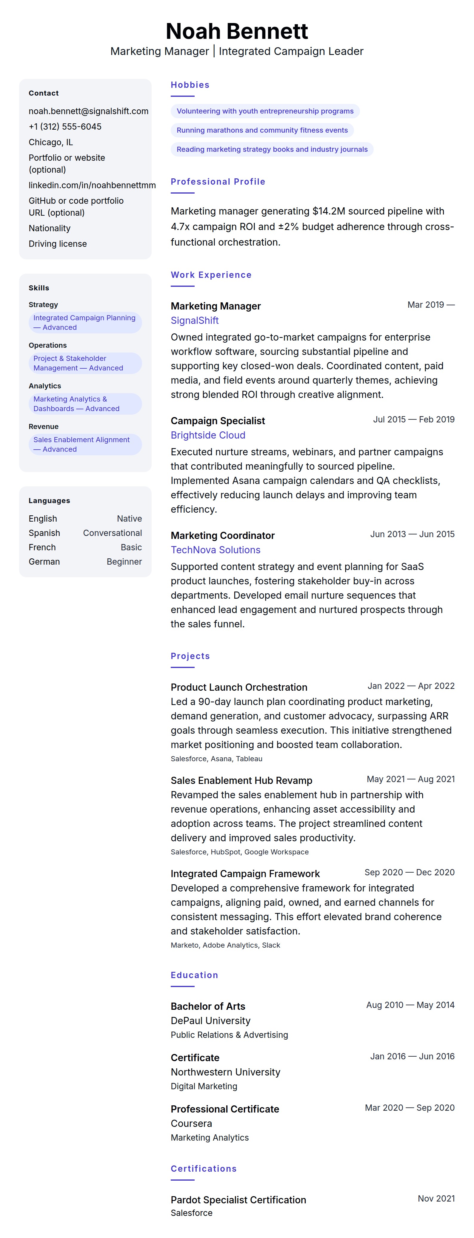 Resume preview for Marketing Manager Resume Example