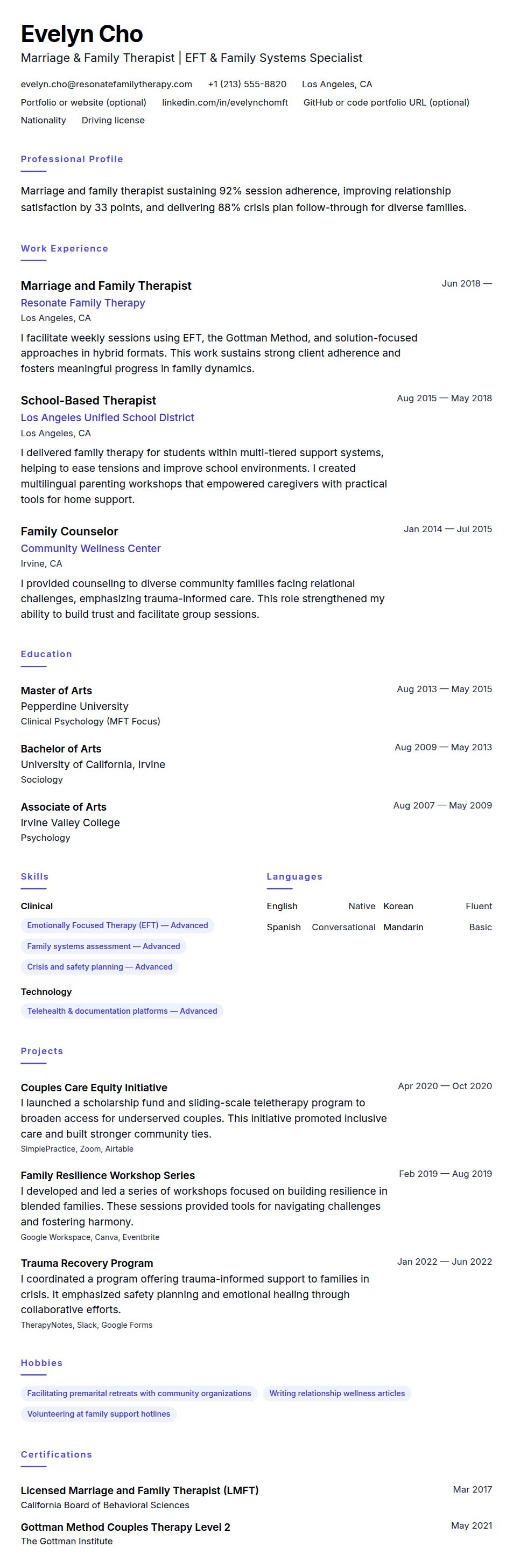Resume preview for Marriage and Family Therapist Resume Example