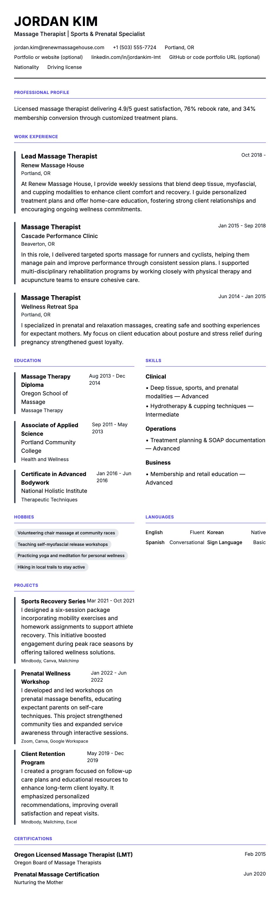 Resume preview for Massage Therapist Resume Example