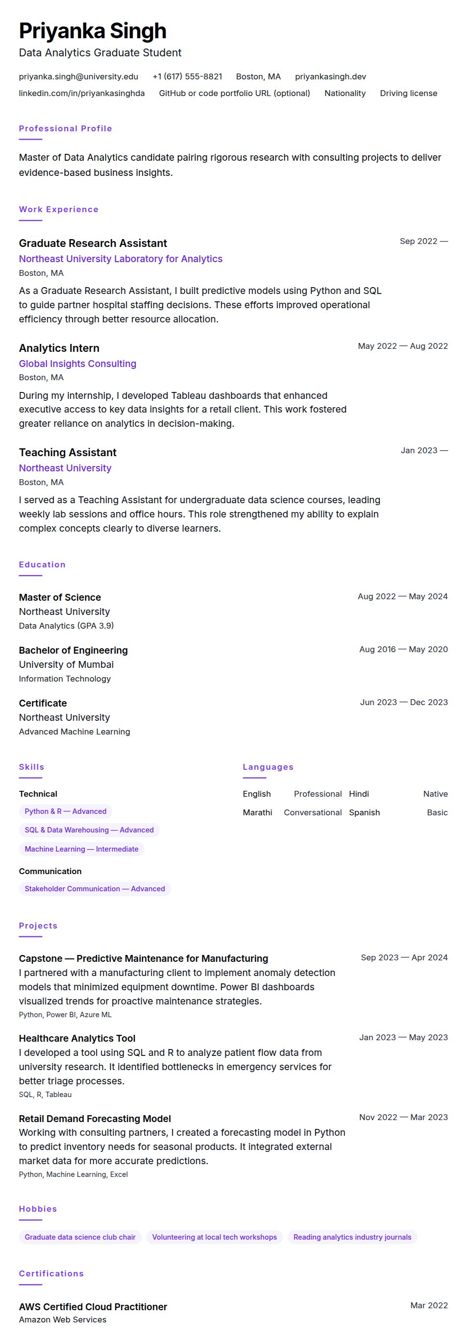 Resume preview for Master's Student Resume Example