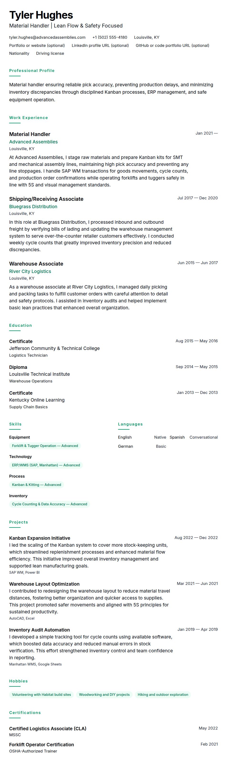 Resume preview for Material Handler Resume Example