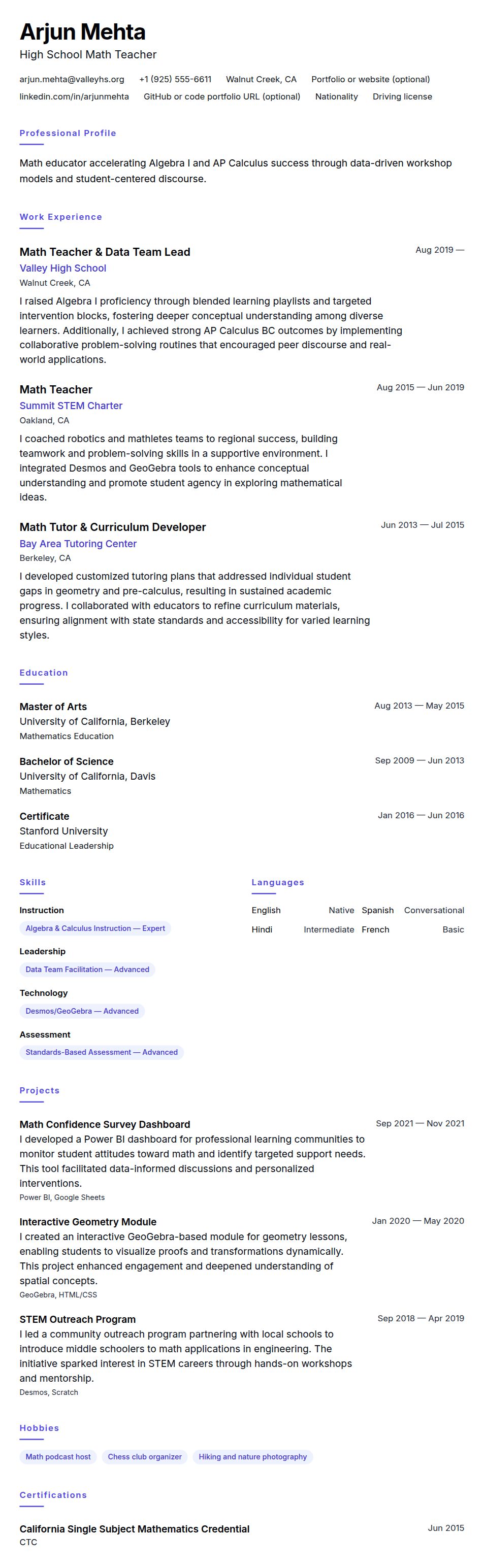 Resume preview for Math Teacher Resume Example