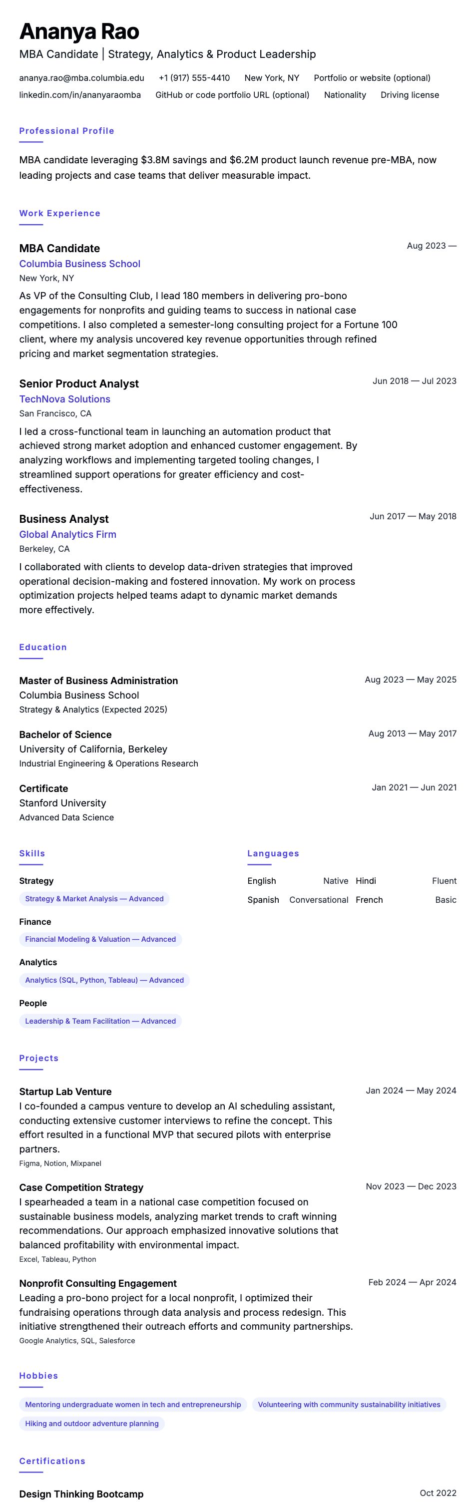 Resume preview for MBA Candidate Resume Example