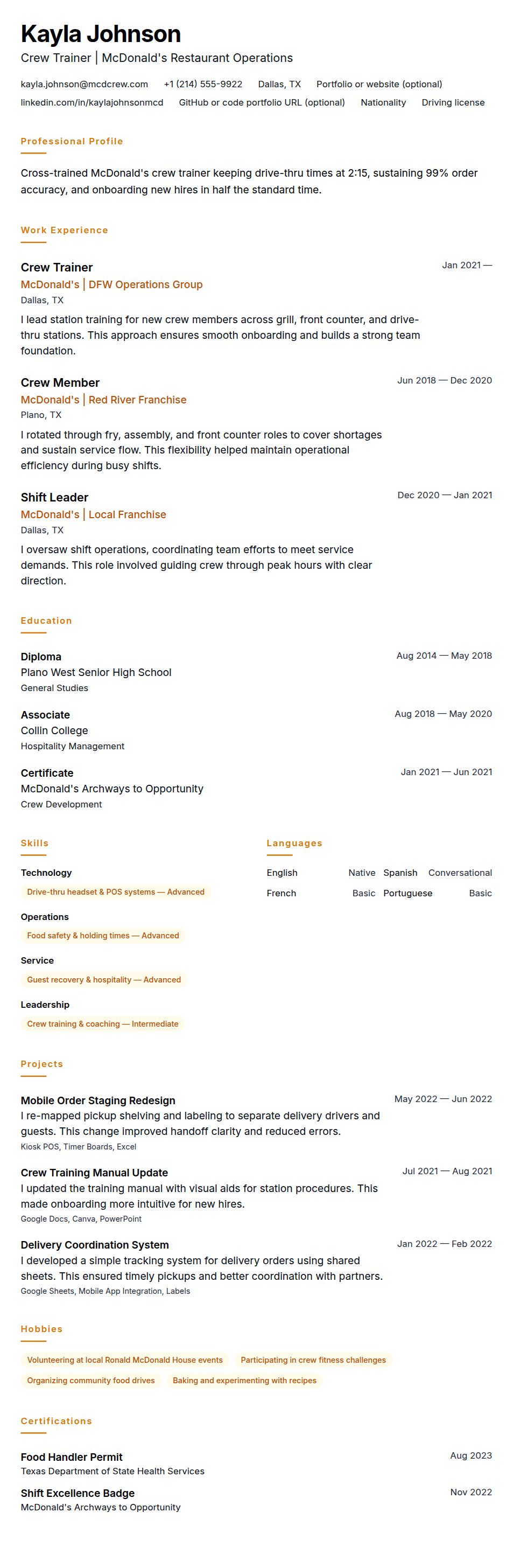 Resume preview for McDonald's Crew Member Resume Example