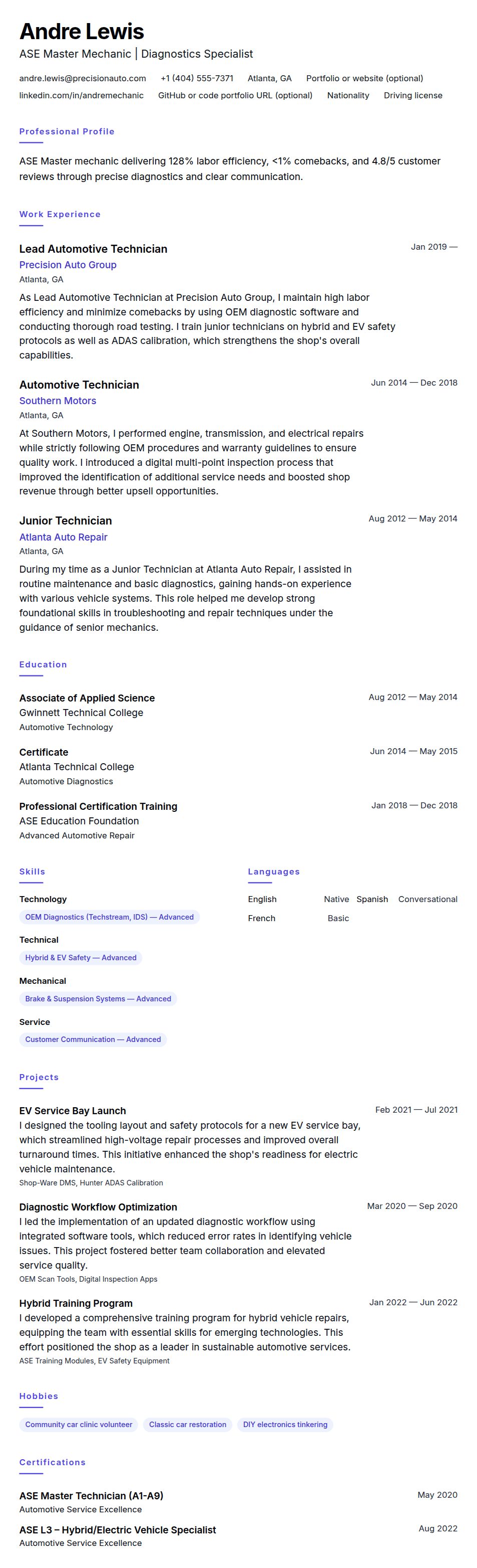 Resume preview for Mechanic Resume Example