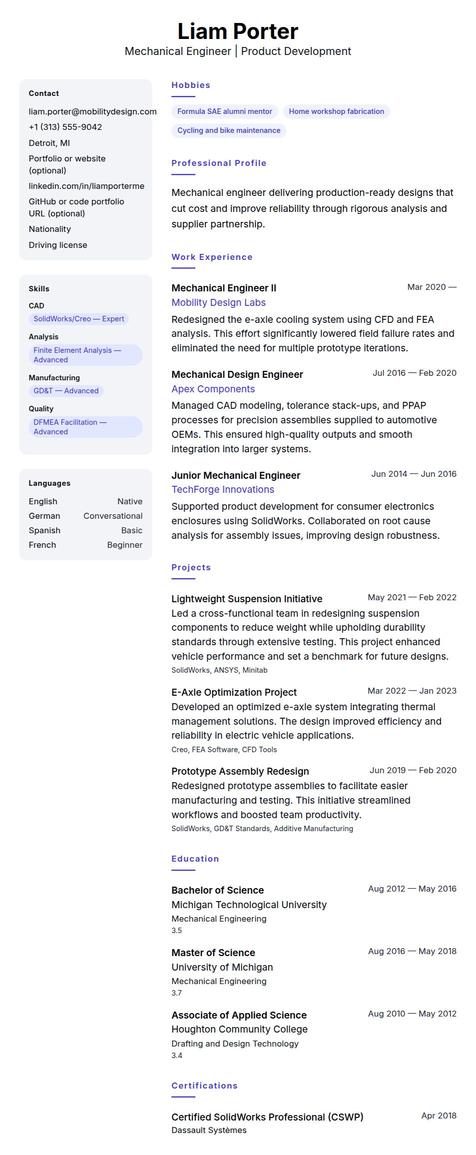 Resume preview for Mechanical Engineer Resume Example