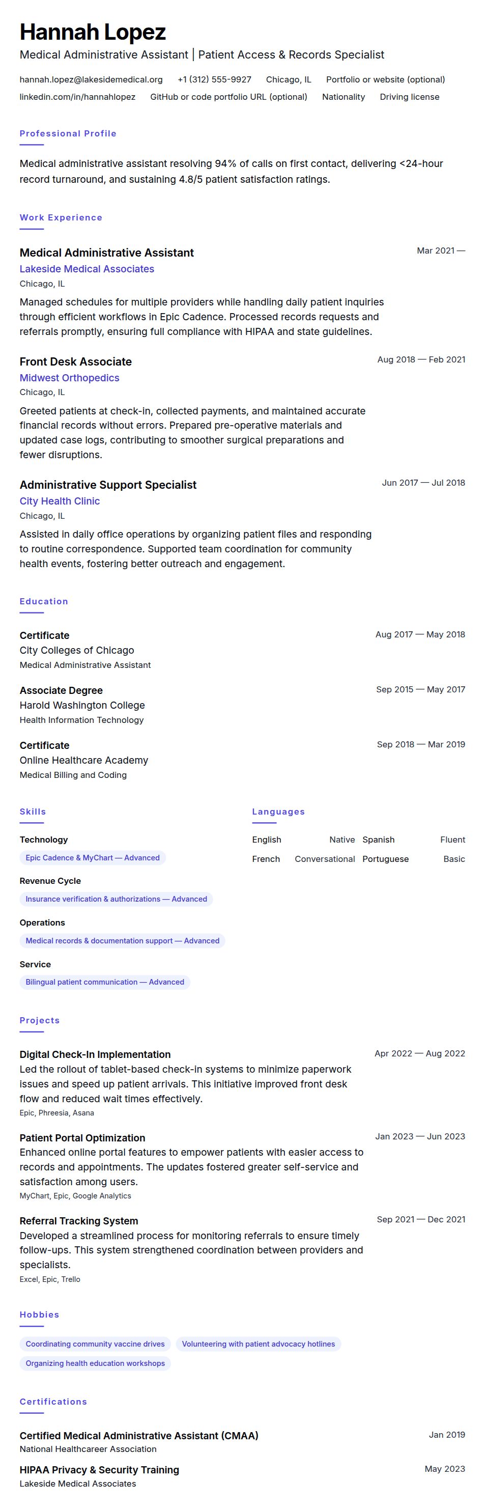 Resume preview for Medical Administrative Assistant Resume Example