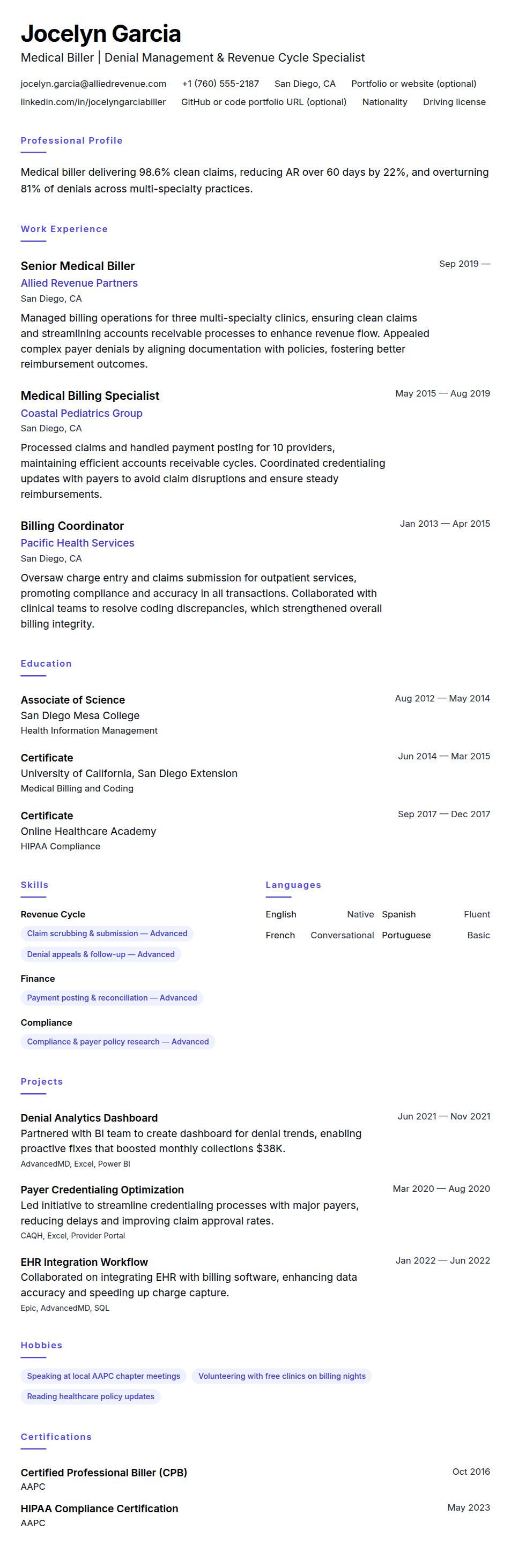 Resume preview for Medical Biller Resume Example