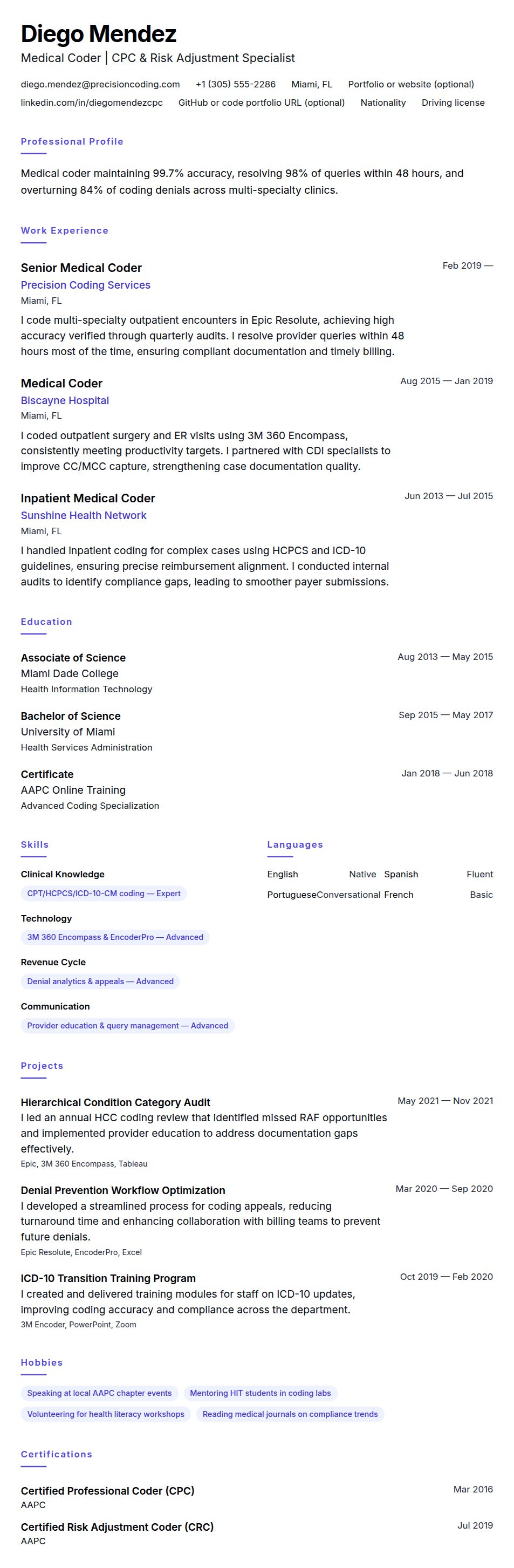 Resume preview for Medical Coder Resume Example
