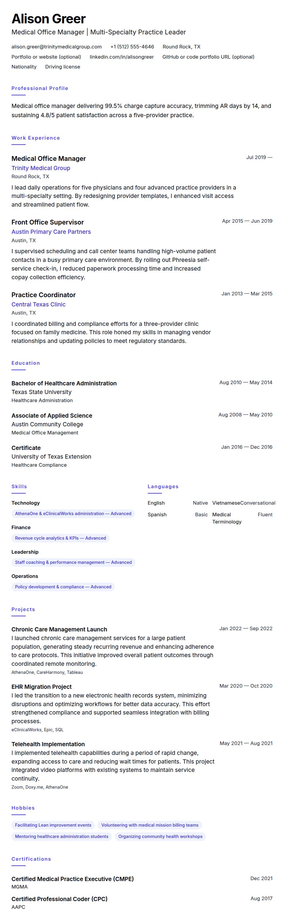 Resume preview for Medical Office Manager Resume Example