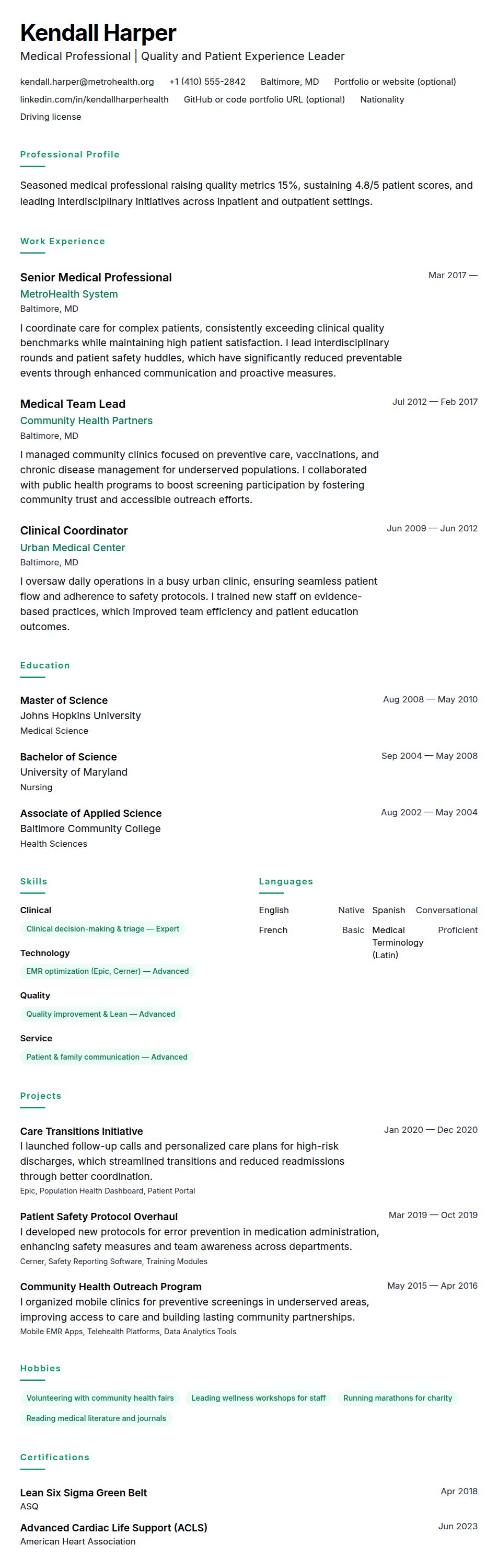 Resume preview for Medical Professional Resume Example