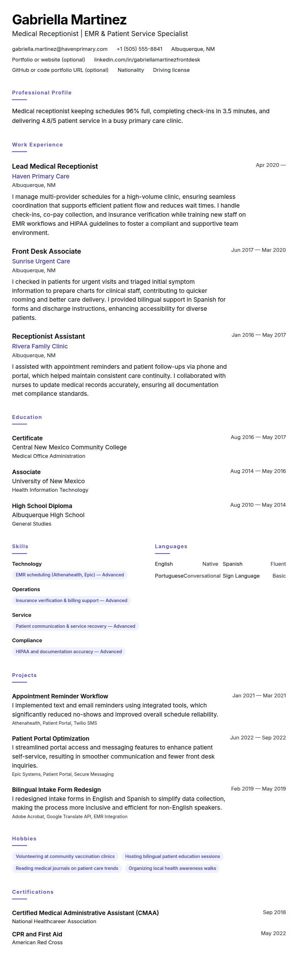 Resume preview for Medical Receptionist Resume Example