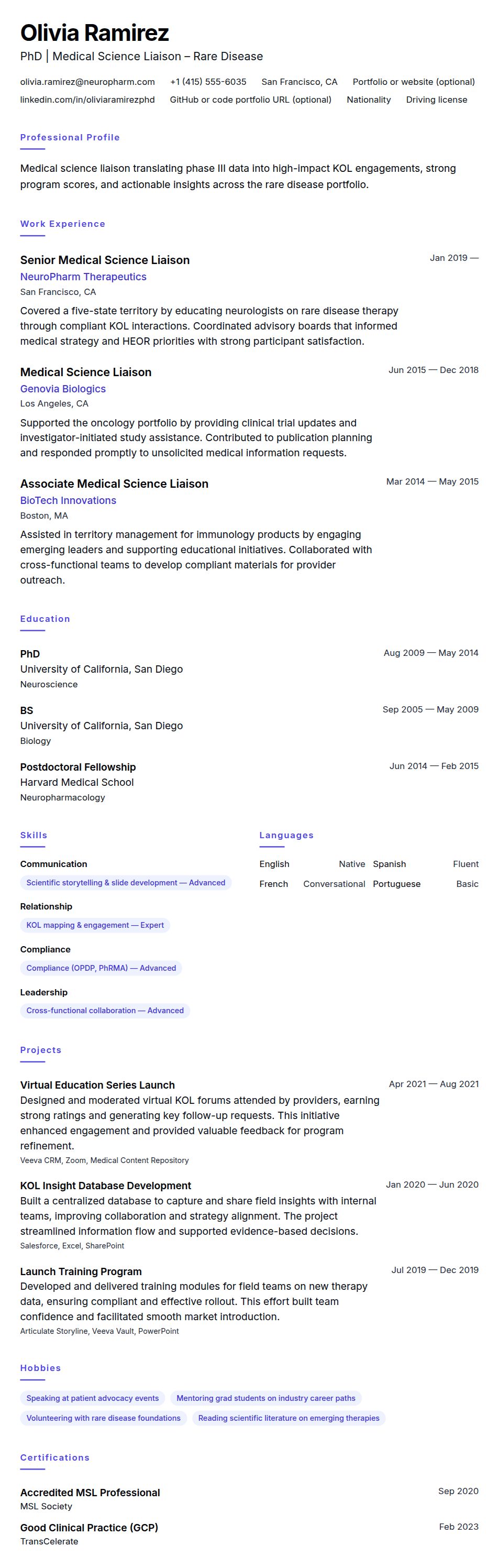 Resume preview for Medical Science Liaison Resume Example
