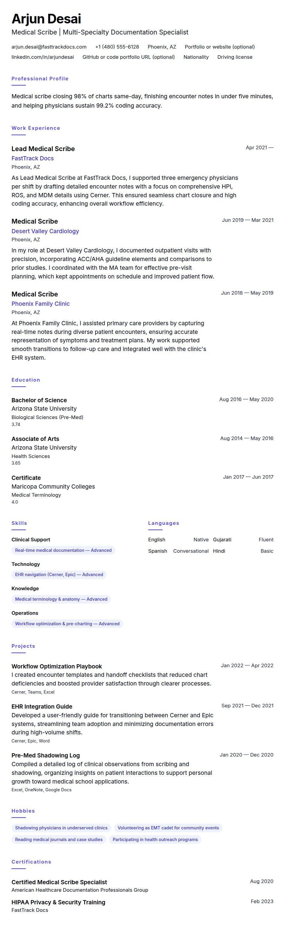 Resume preview for Medical Scribe Resume Example