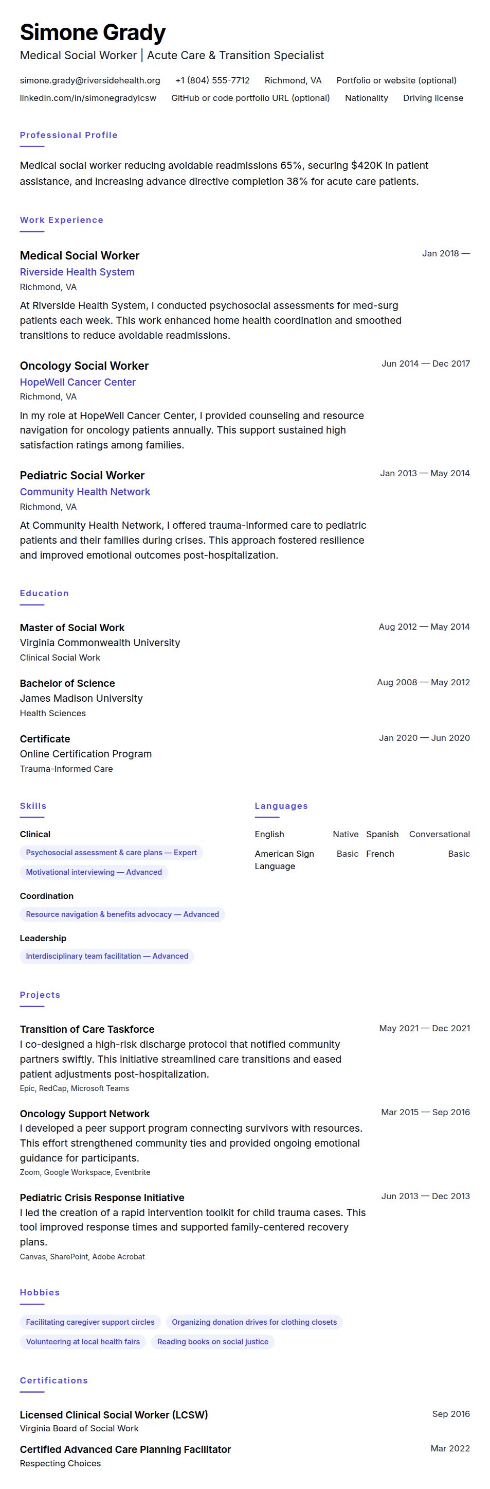Resume preview for Medical Social Worker Resume Example