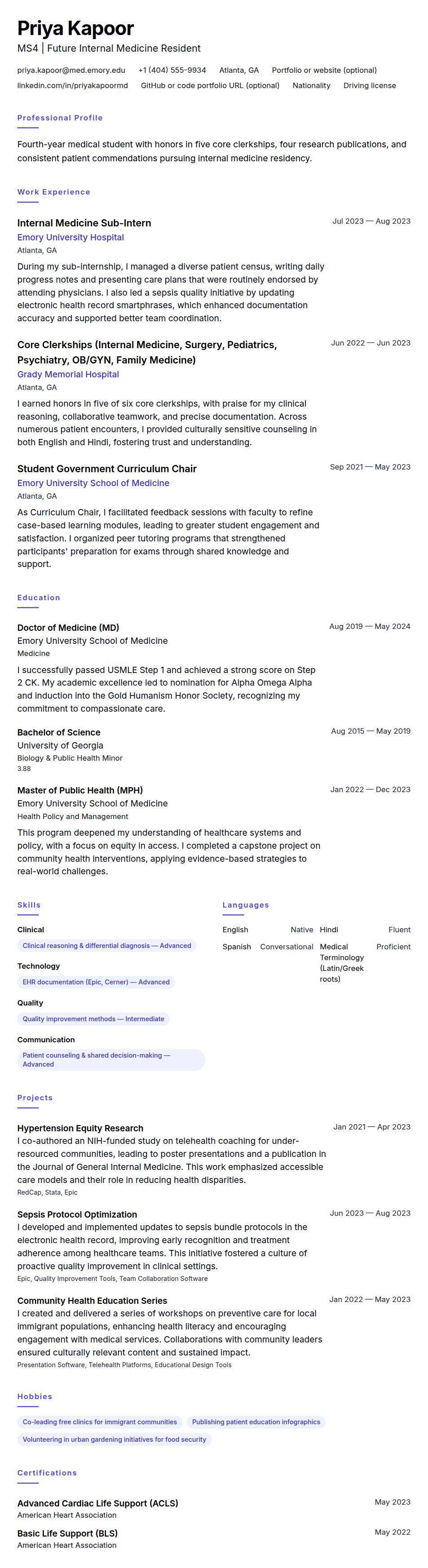 Resume preview for Medical Student Resume Example