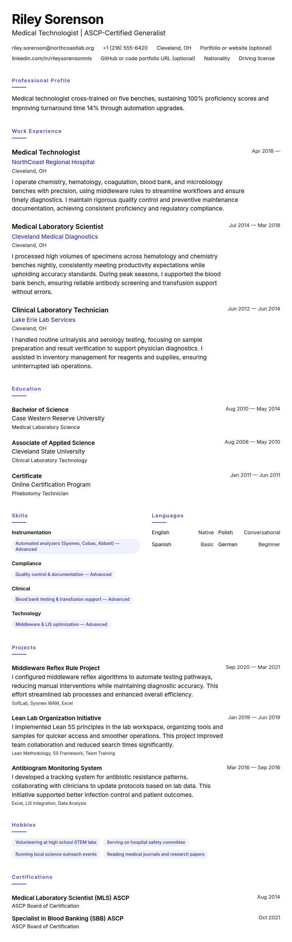 Resume preview for Medical Technologist Resume Example