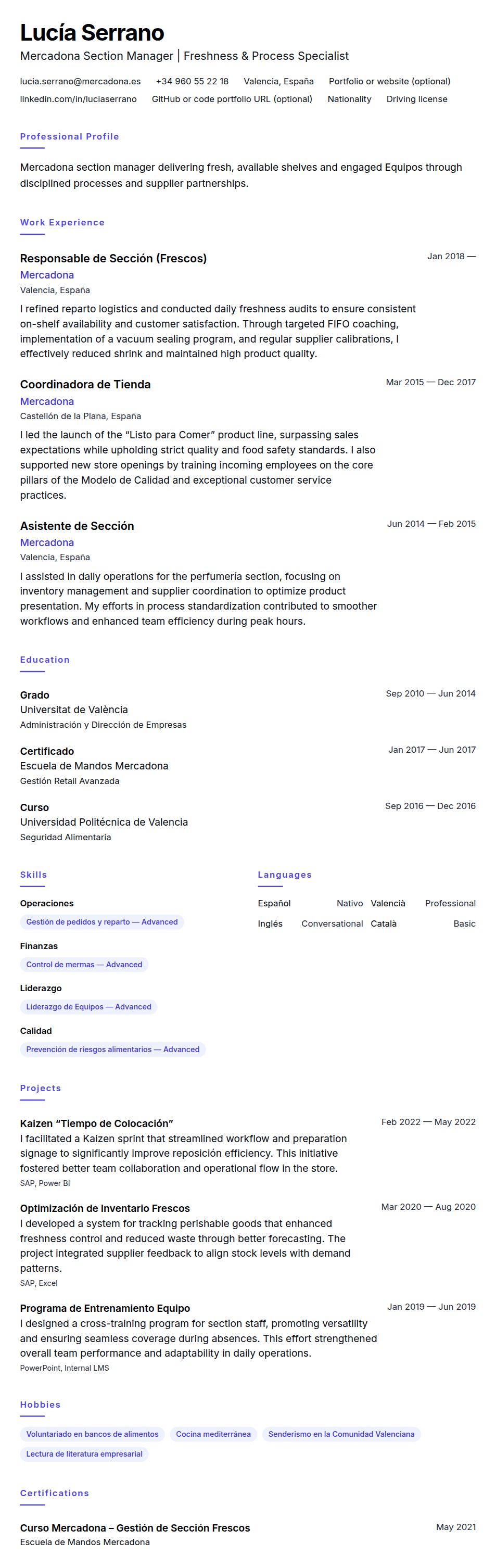 Resume preview for Mercadona Section Manager Resume Example