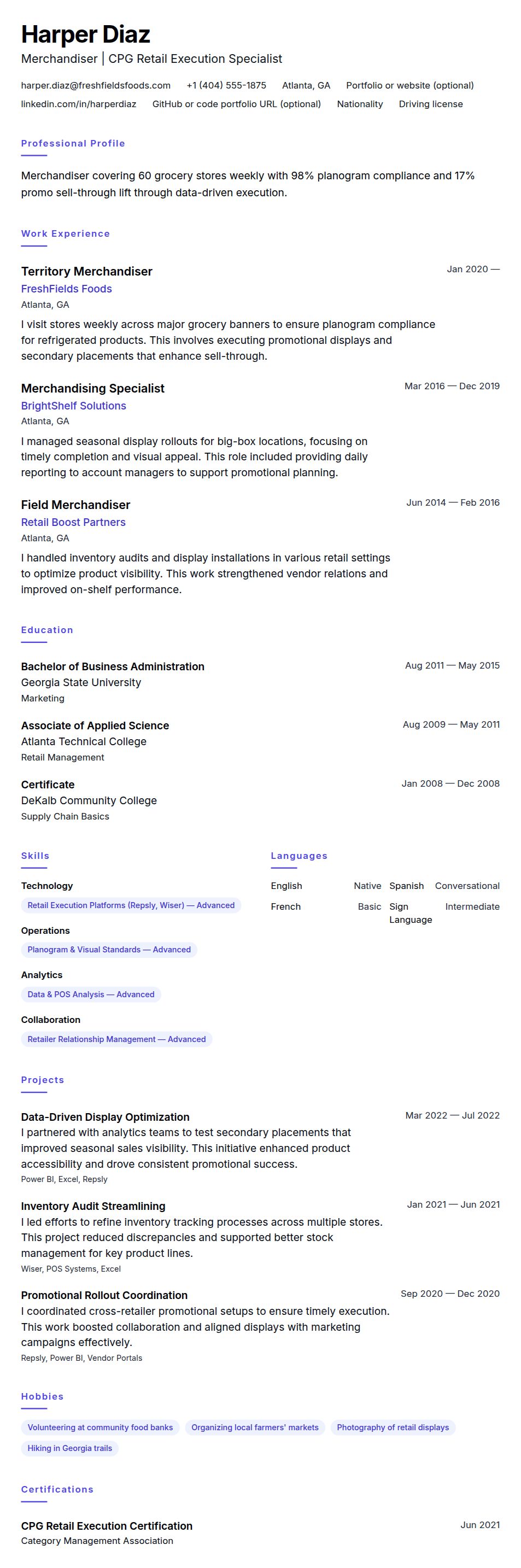Resume preview for Merchandiser Resume Example