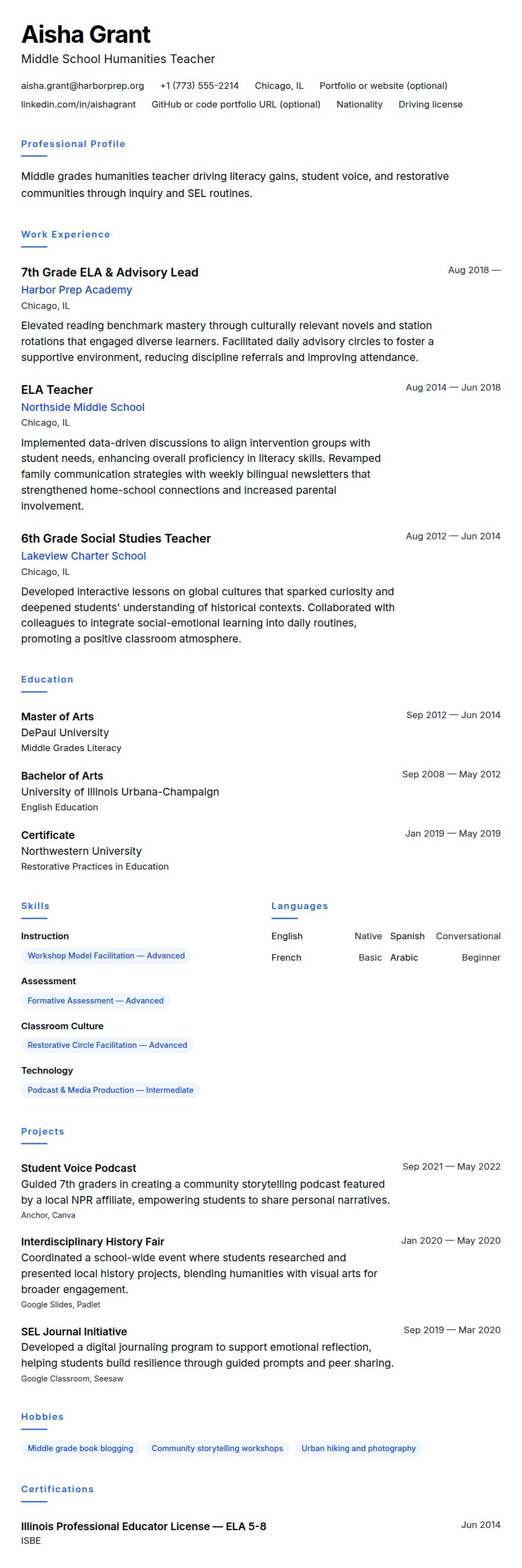 Resume preview for Middle School Teacher Resume Example