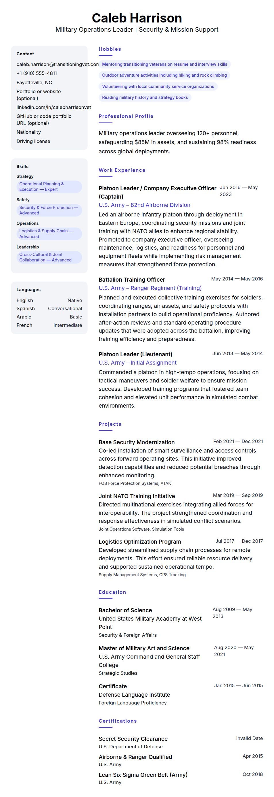 Resume preview for Military Service Member Resume Example